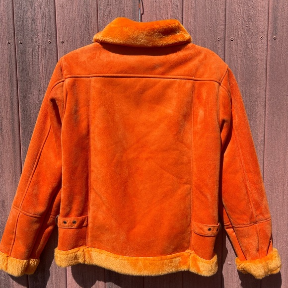 1990s Suede Bright Orange Bomber Zip Up Jacket with Faux Fur Orange Trim LARGE - Picture 7 of 9